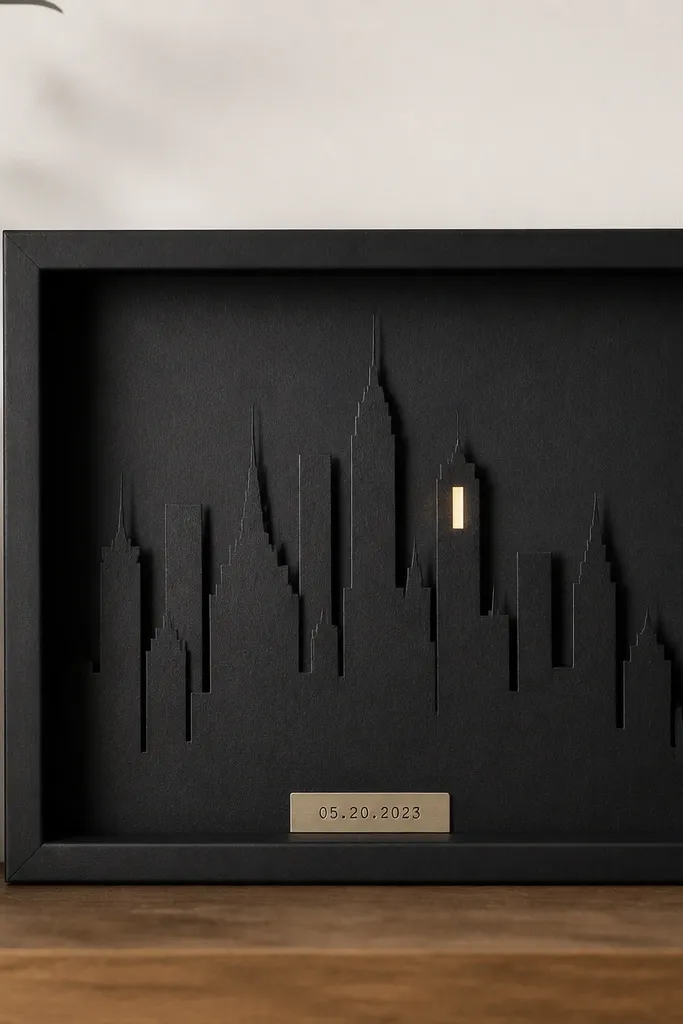 A small shadowbox-style frame showing a minimalist paper skyline cutout. The skyline is in black paper with one narrow window lit in warm white from a tiny string light. A small label at the bottom reads a date. The frame looks clean and modern.