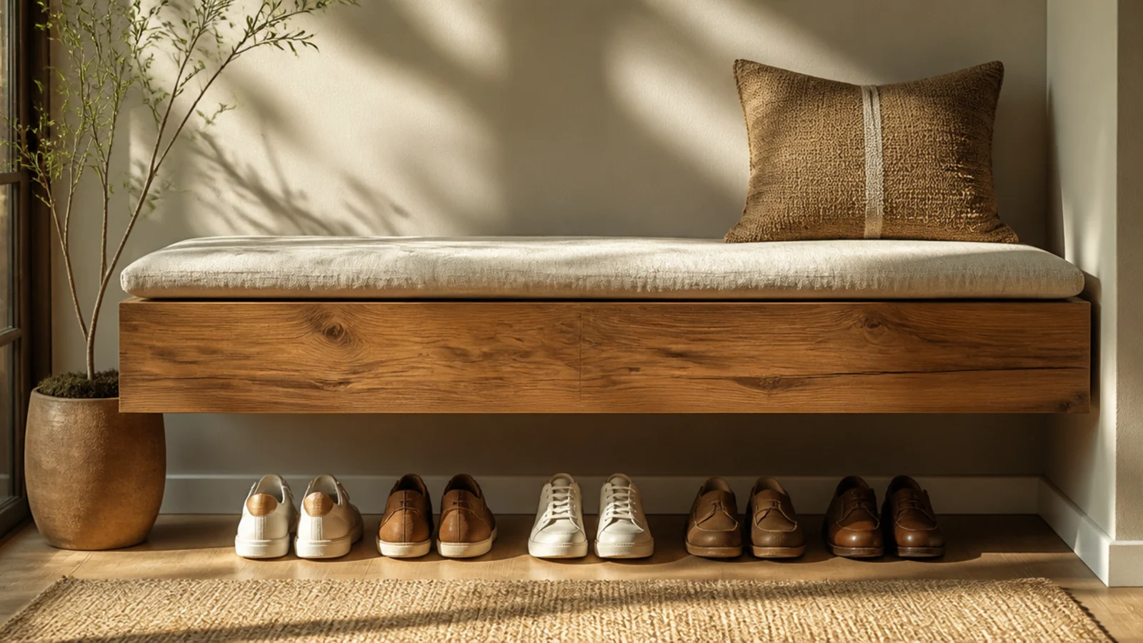 A wall-mounted floating wooden bench with no visible legs, shoes lined on the floor beneath and a cushion on top.