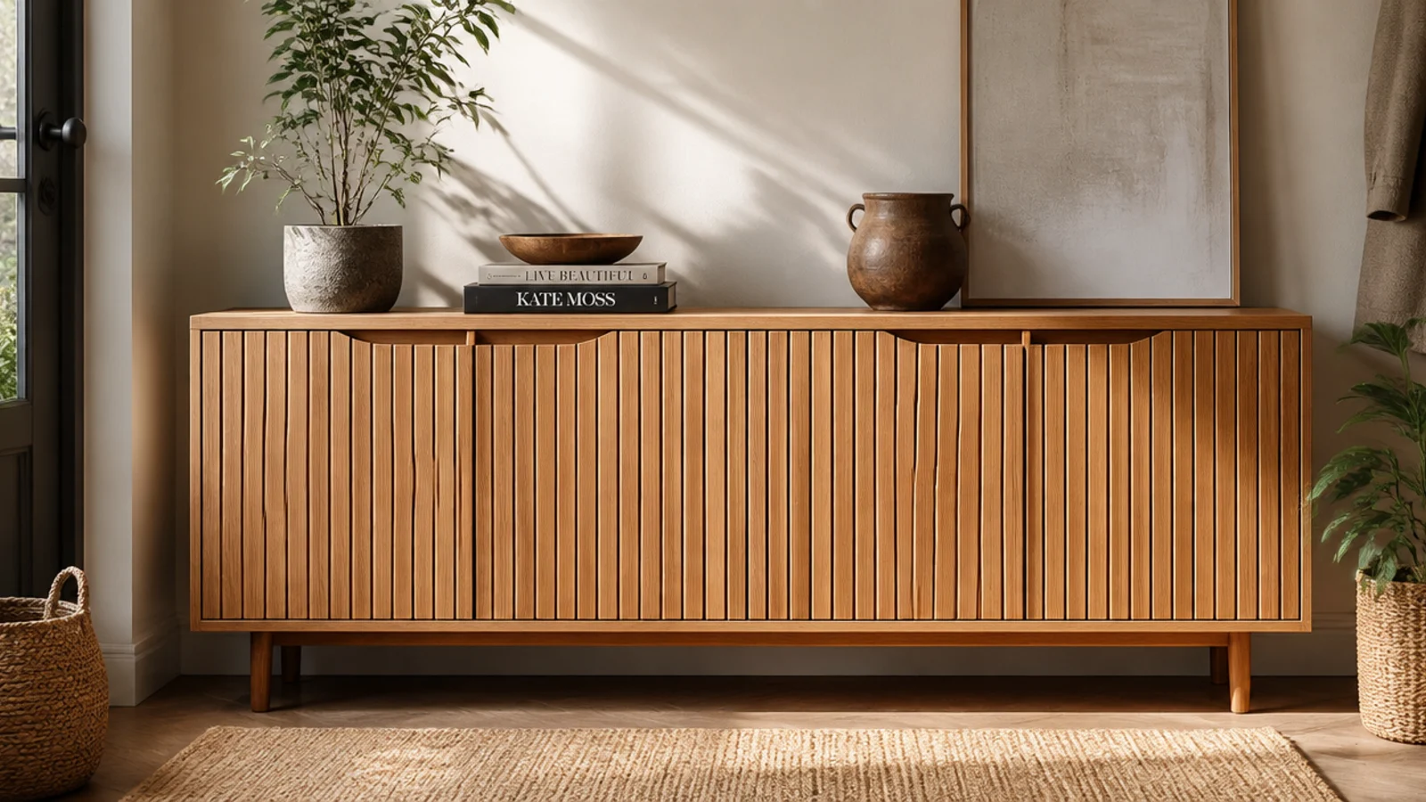 A low cabinet with vertical oak slat door fronts, closed, standing on slim legs against a pale wall.