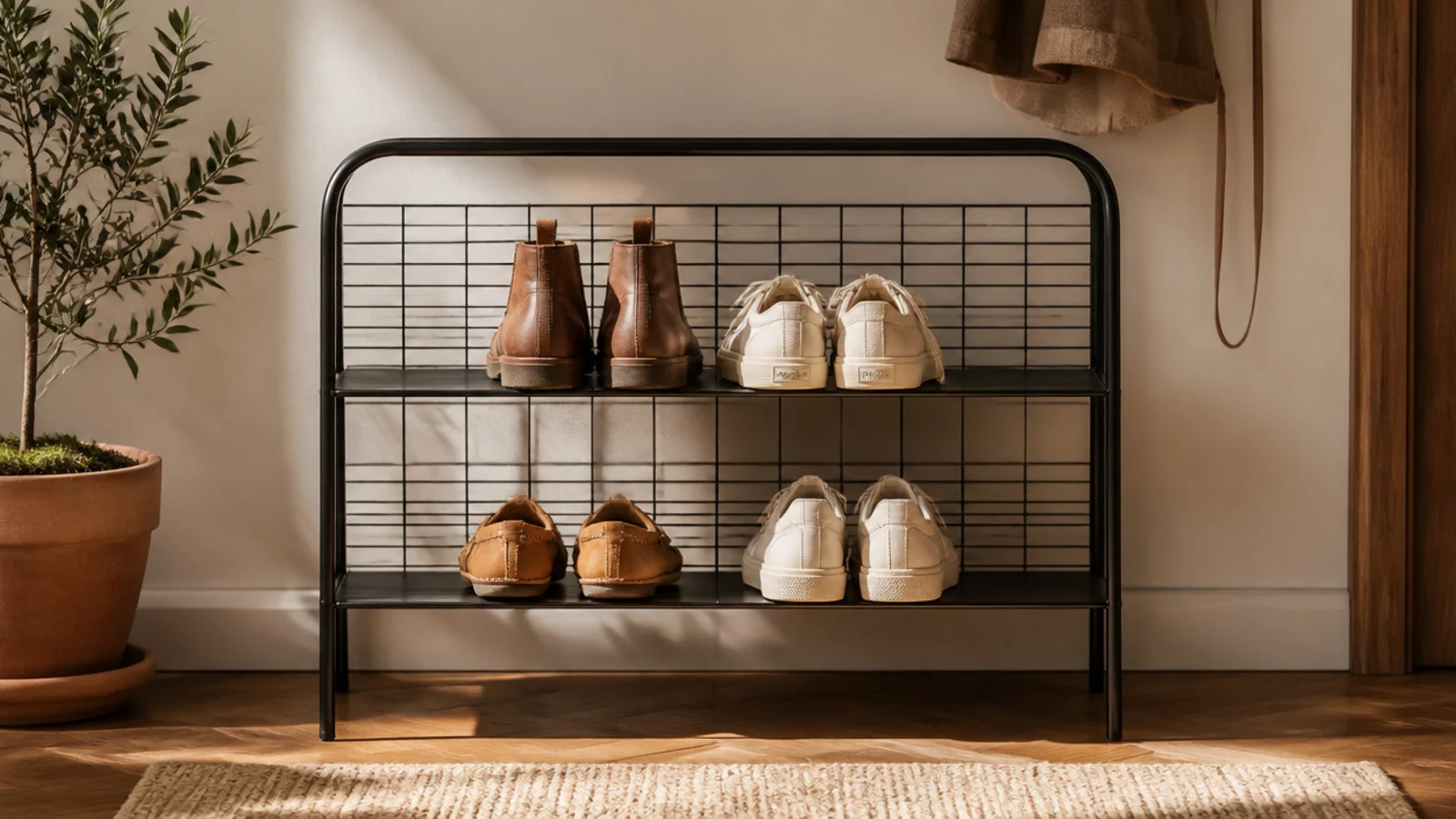 A slim powder-coated black metal grid rack with two thin tiers holding a few pairs of shoes, wall-standing.