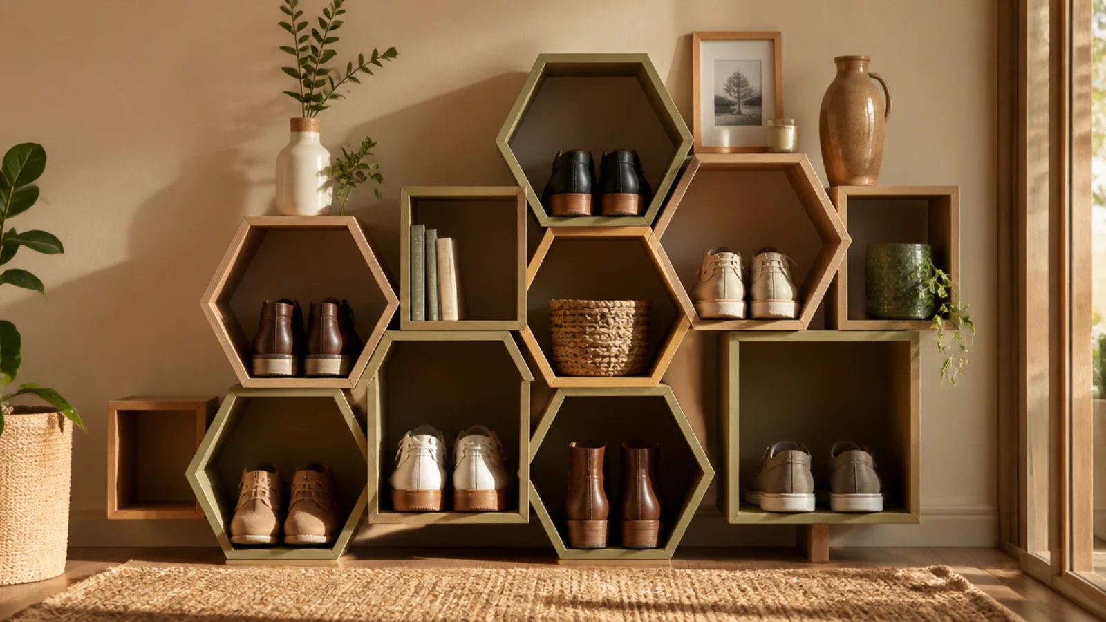 An asymmetric arrangement of hexagonal and square wall cubbies in wood, some holding shoes and some holding decor.