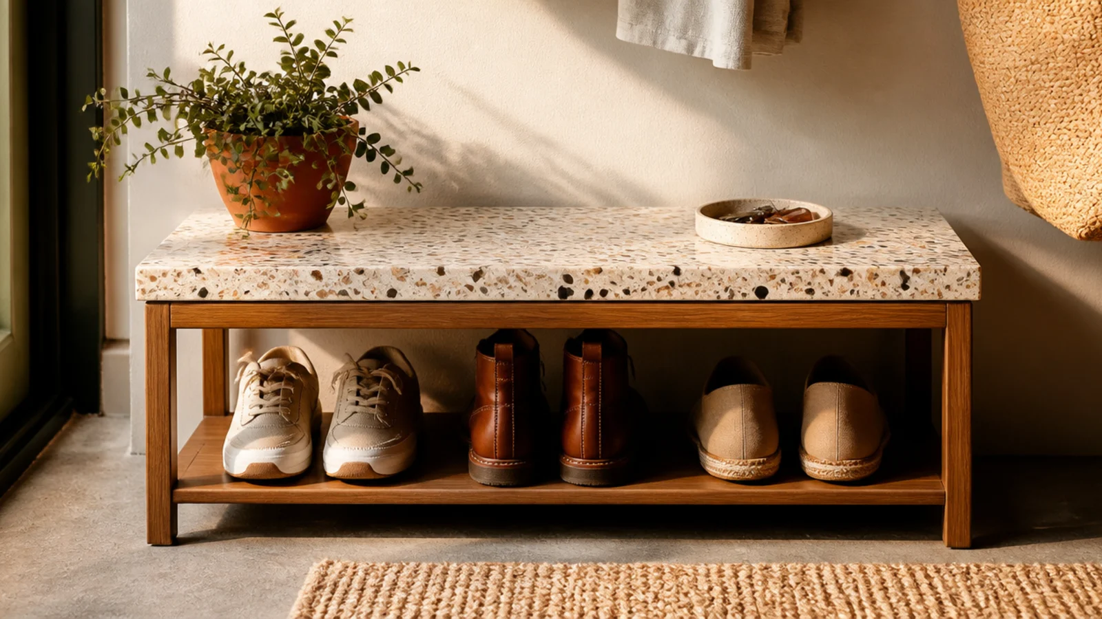 A low bench with a speckled terrazzo top on a slim wood base, shoes stored on an open shelf below.