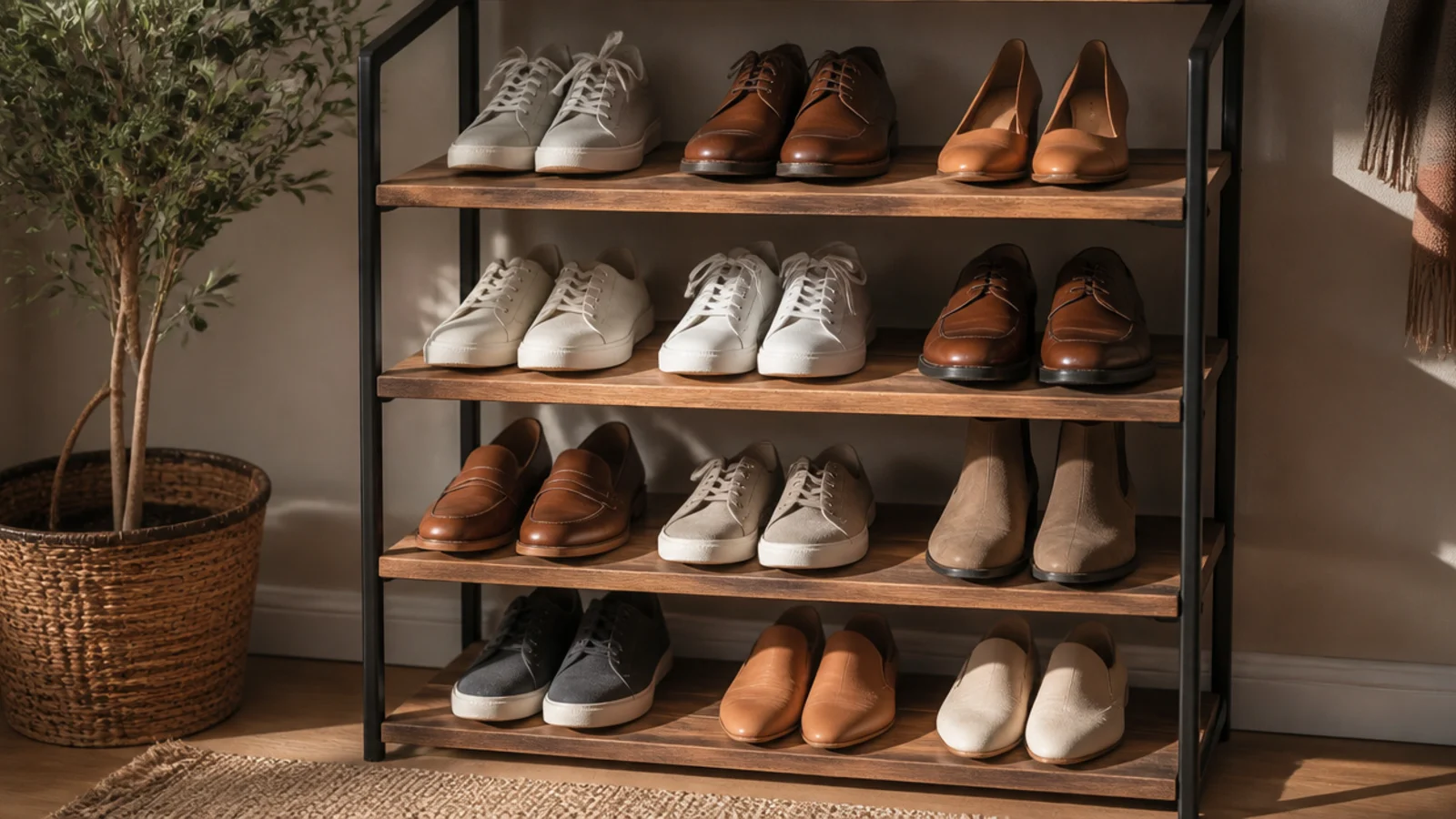 A black steel frame rack with wooden shelf inserts holding shoes in neat rows, industrial-modern style.