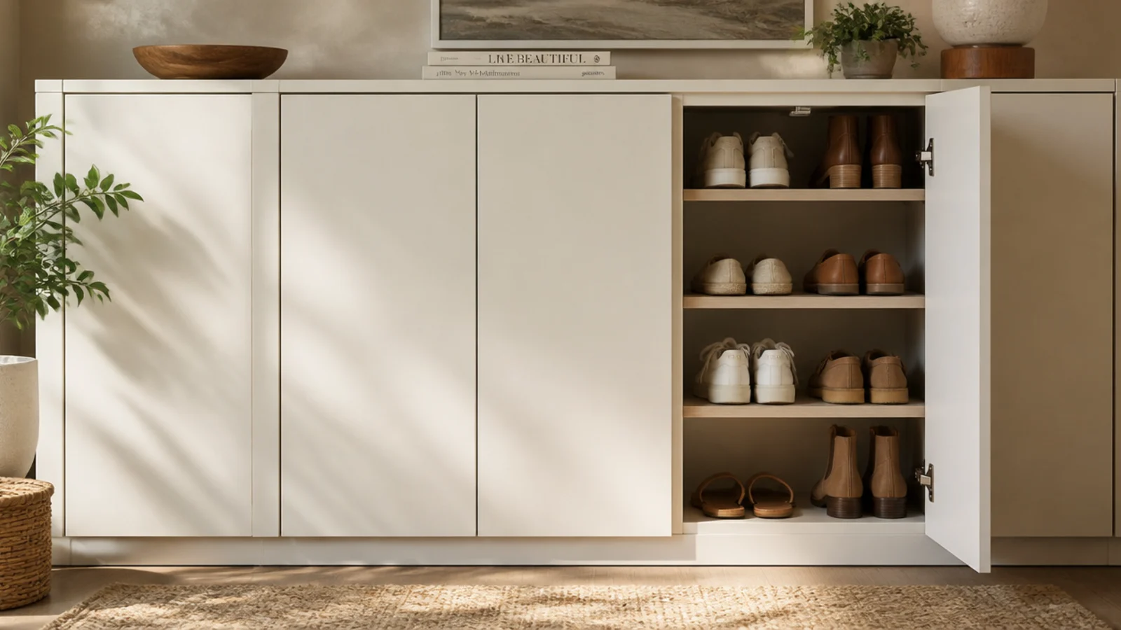 A wall of flat handle-free cabinet doors in matte white, one door popped open to reveal shoes stored inside.