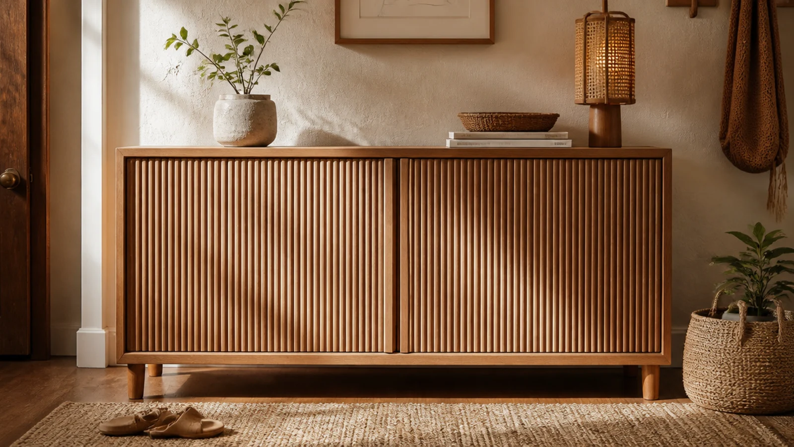 A low dresser-style shoe cabinet with vertical fluted door fronts in a warm wood tone, drawers closed.