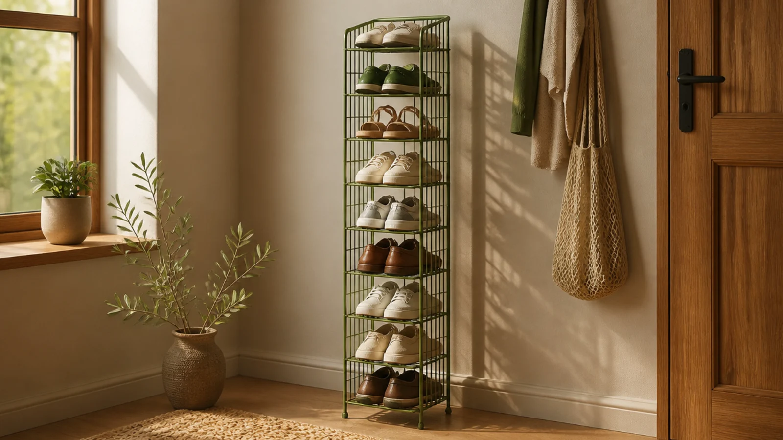 A tall slim powder-coated wire shoe tower in sage green standing in a corner, holding many pairs vertically.