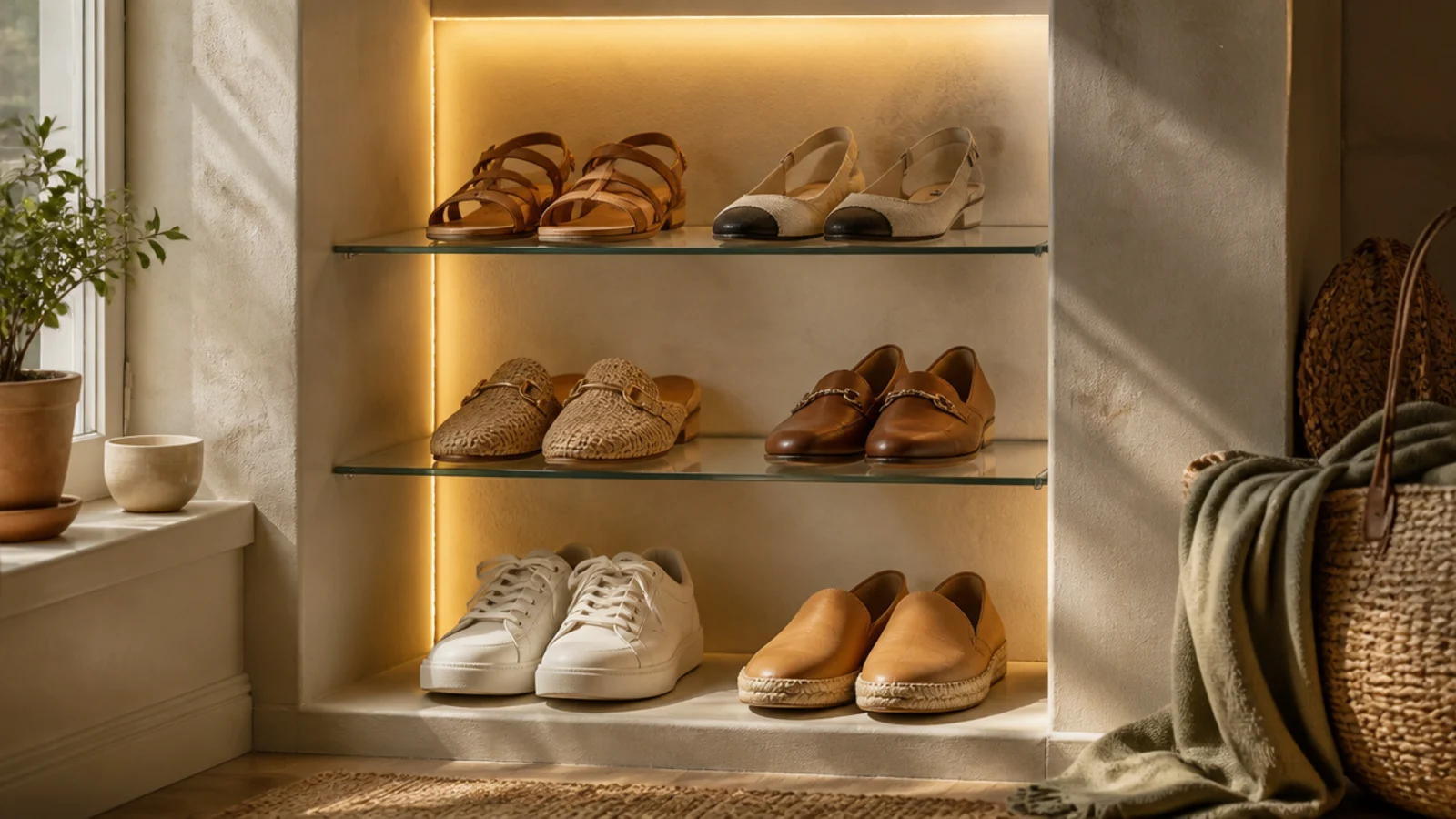 A recessed wall niche with glass shelves and warm LED backlighting, displaying a few curated pairs of shoes.