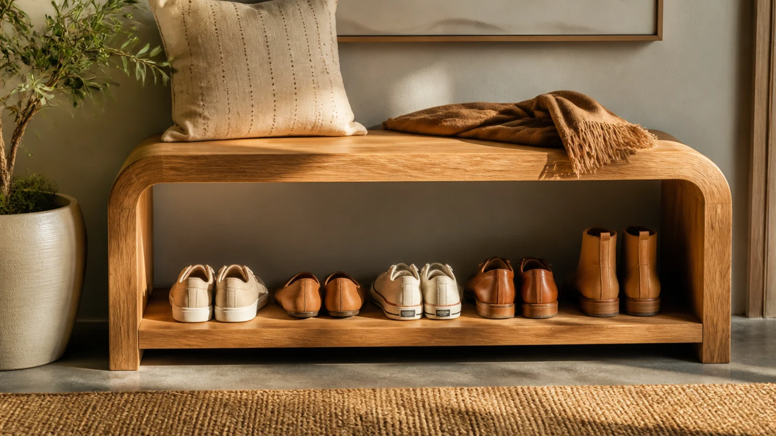 A bench with a continuous waterfall-grain wood top wrapping down both sides, an open shoe shelf beneath.