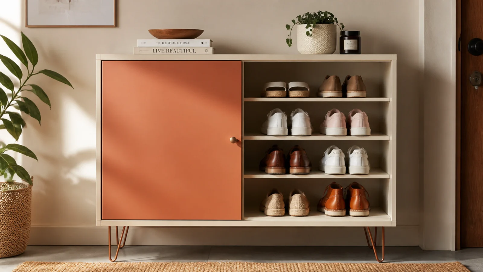 A shoe cabinet with a matte cream body and one deep terracotta lacquer door, standing on hairpin legs.