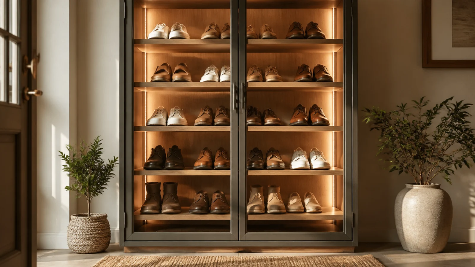 A tall cabinet with framed glass doors displaying rows of shoes on lit shelves, like a modern retail case.