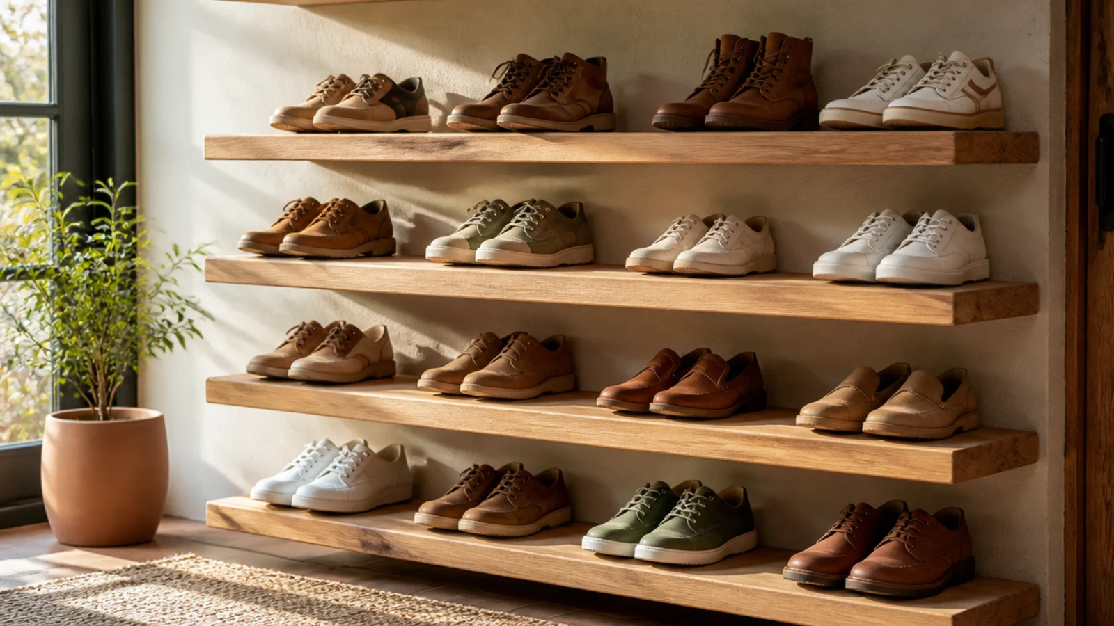 Several thick floating wood shelves cantilevered off a wall at staggered heights, each holding a row of shoes.