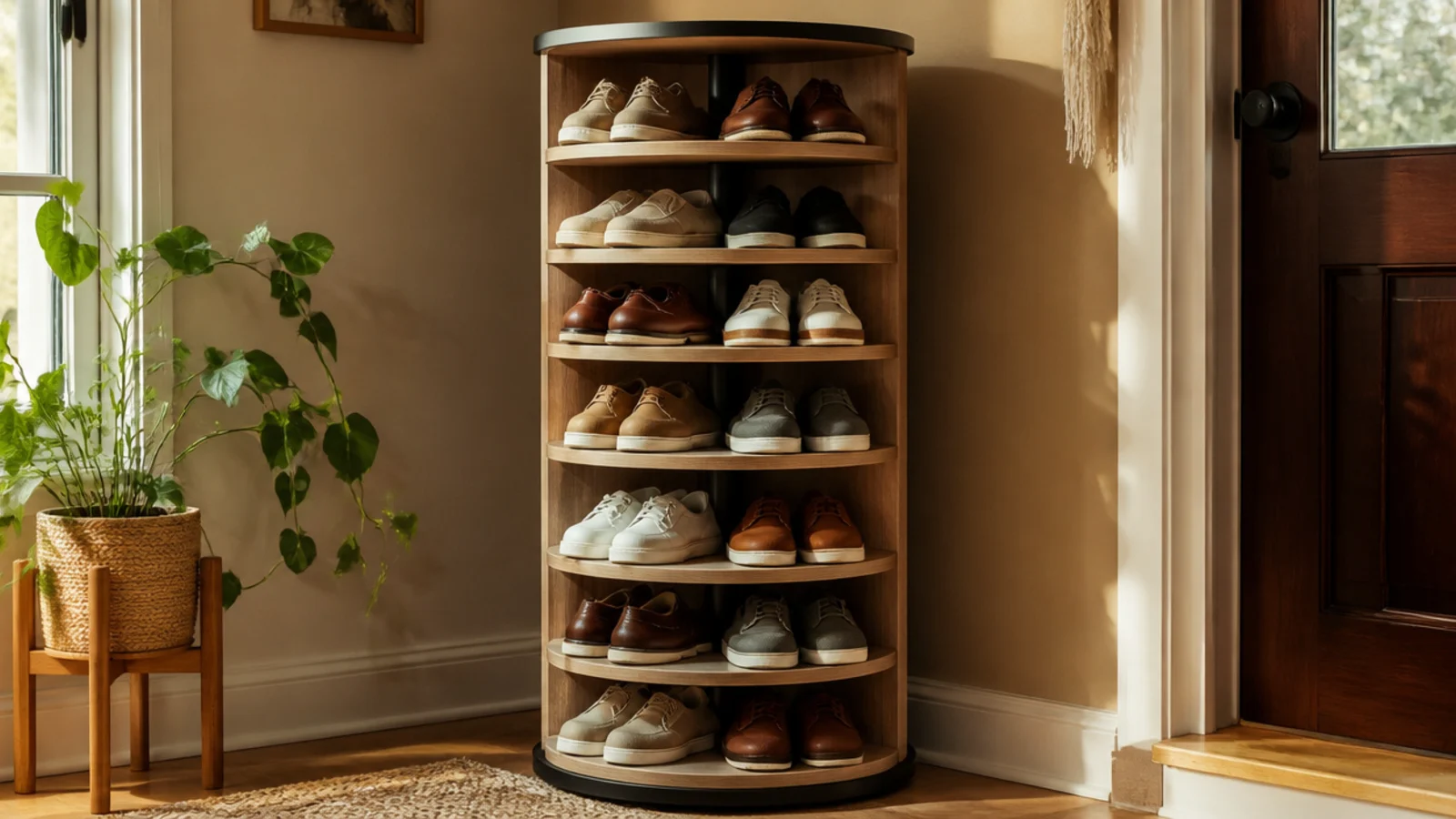 A sleek cylindrical rotating shoe column with stacked round tiers, standing in a corner holding many pairs.