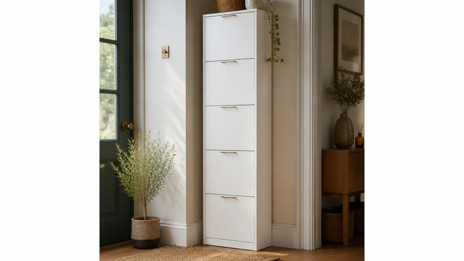 A tall narrow floor-to-ceiling shoe cabinet in matte white with flat doors, filling a slim gap by a wall.