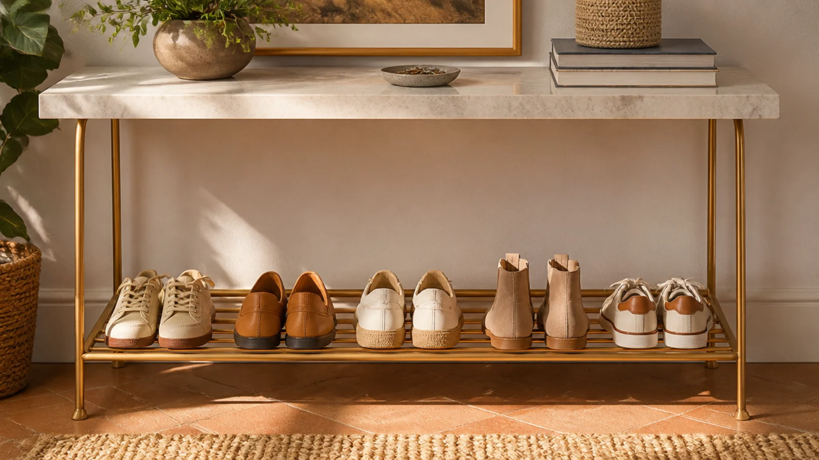 A console with a marble top on slim brass legs, a brass lower rail holding a curated row of shoes.