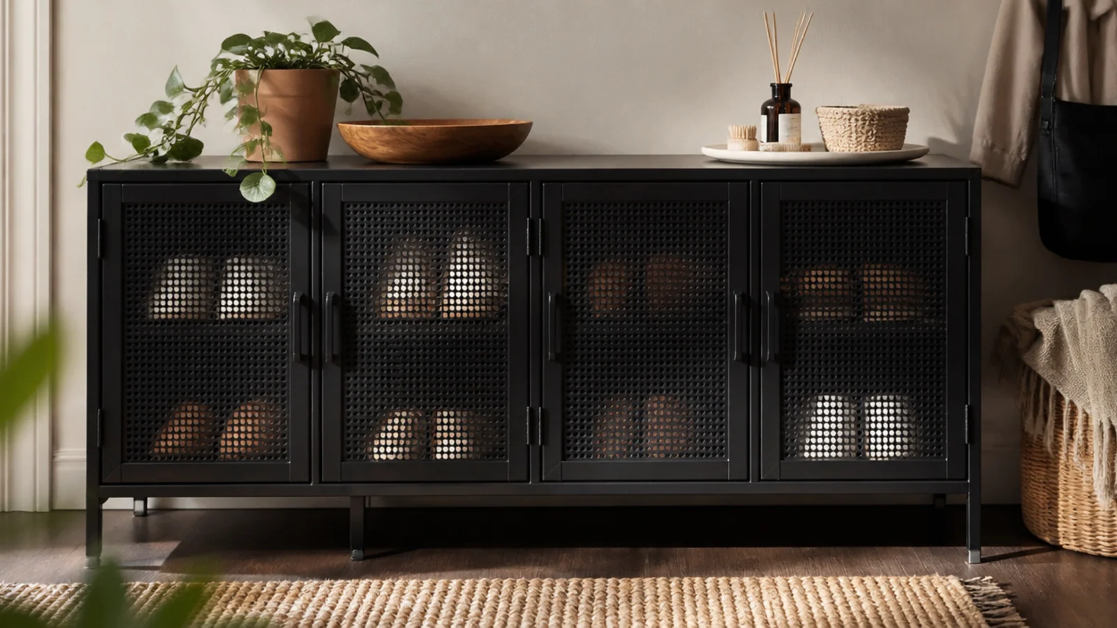 A low locker-style cabinet with perforated metal doors in matte black, storing shoes with ventilation behind.
