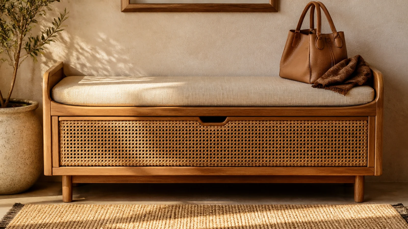 A softly curved wooden bench with a cane-panel lower storage section, a cushion on the curved seat.