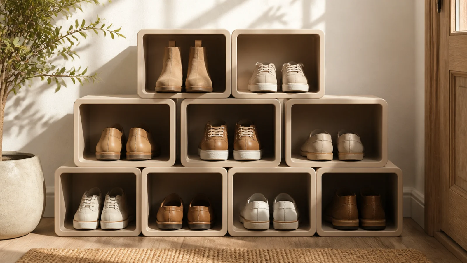 A set of matte modular cubes stacked in a staggered modern arrangement, each cube holding a pair of shoes.