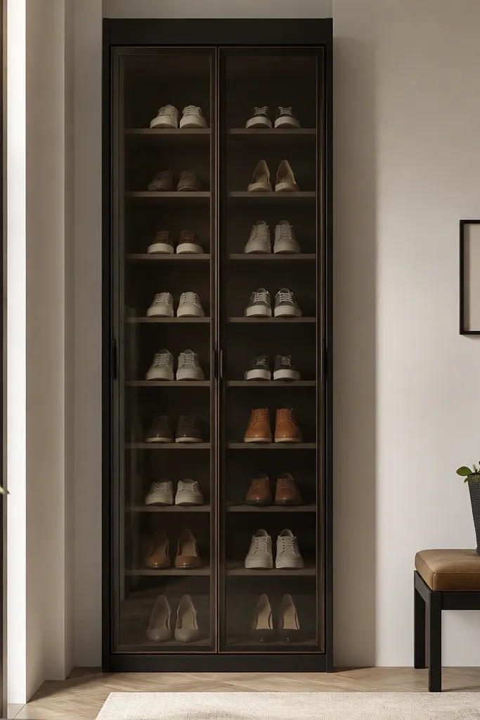 A tall, narrow shoe cabinet with a dark frame and smoked glass doors. Through the glass, neatly arranged pairs sit in rows with dividers. The cabinet sits flush to the wall, with slim hardware and a clean top rail.