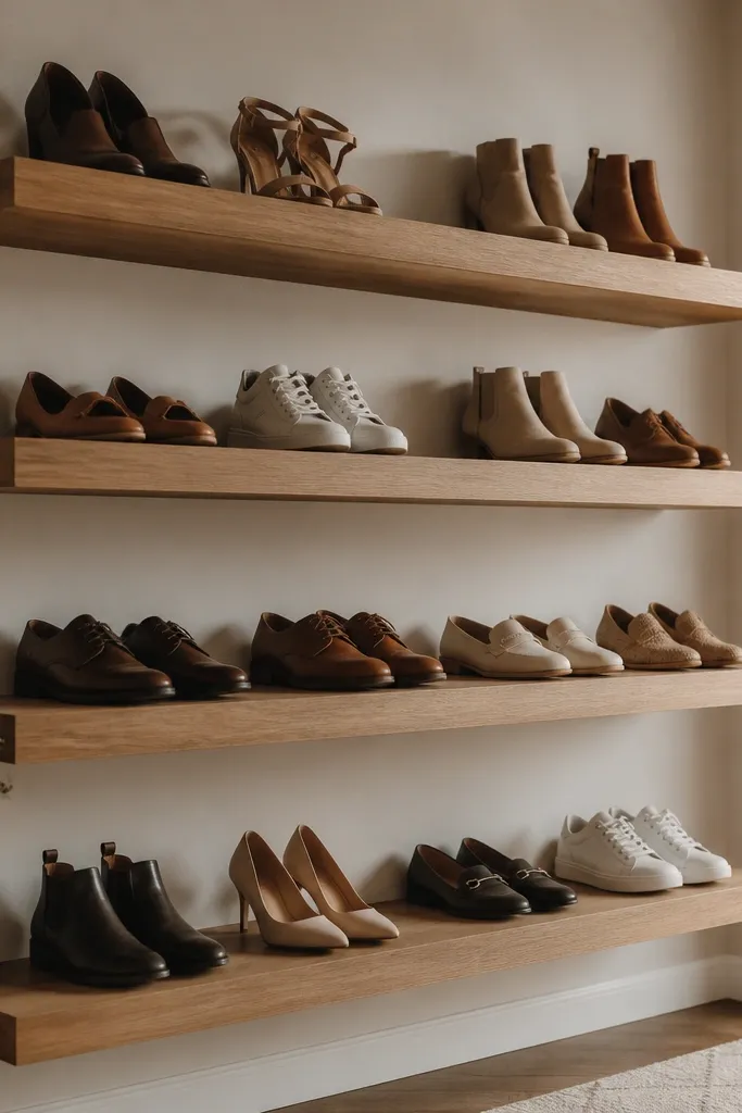 Three to four floating oak shelves mounted on a wall. The brackets are hidden behind the shelf lip. Shoes are placed in consistent rows, some angled, some upright, with a soft warm tone.