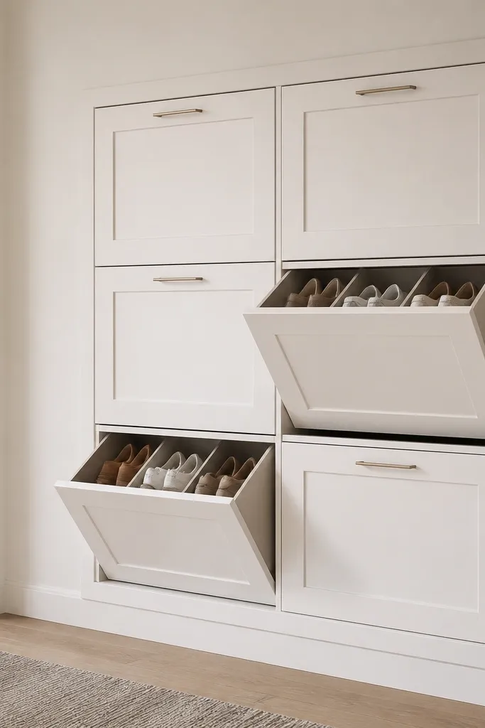 A shoe station that looks built into the wall: white shaker-style doors with simple paneling, slim handles, and multiple compartments. Each compartment has a divider, and the doors sit flush to the frame.