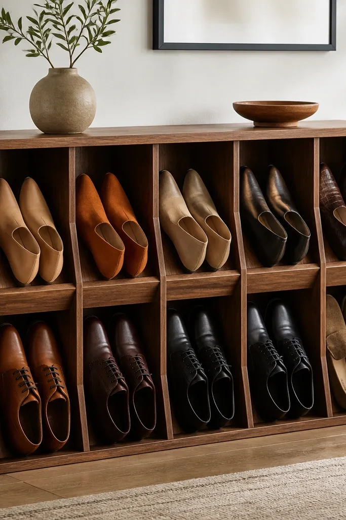 A walnut-toned shoe rack with vertical slats creating bays. Each bay has a small angled insert so heels sit down and toes point up slightly. The wood grain shows clearly, and shoes line up neatly.