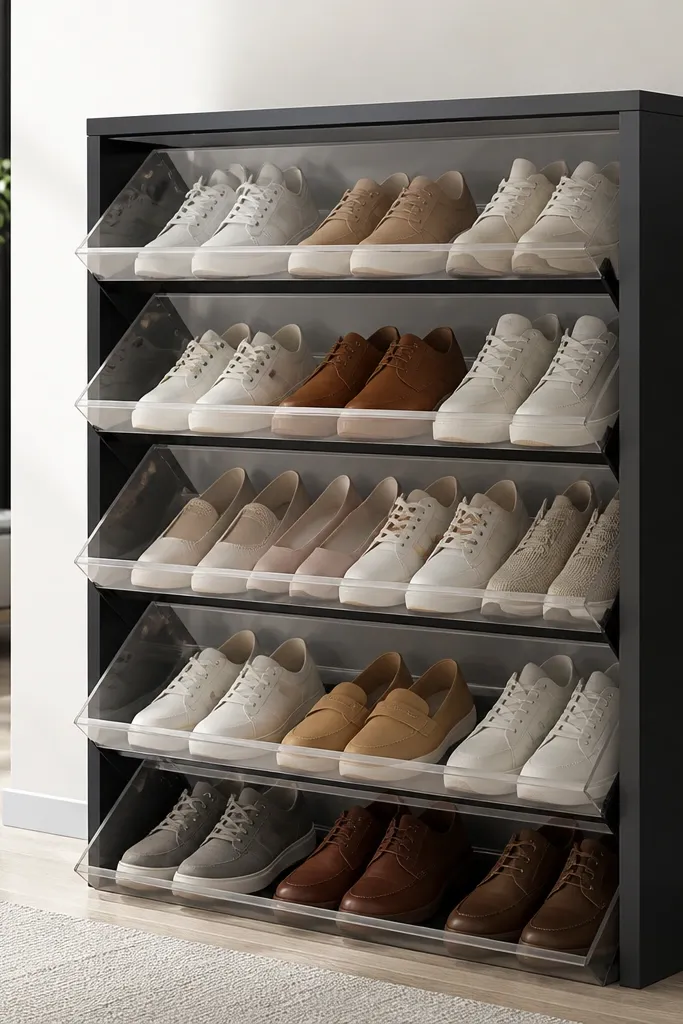 A modern shoe organizer with clear acrylic panels on the front. Black side rails frame the compartments, and shoes sit in angled rows. The top edge is a straight black rail.