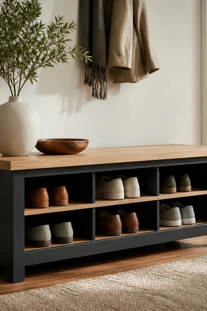 A low console shoe rack with a dark painted base and light oak shelves on top. Shoes are stored behind open shelving with dividers, and the unit sits like a small bench.