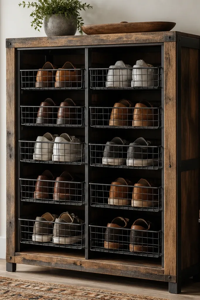 A shoe rack built from reclaimed wood beams with a dark frame. Inside are black wire baskets stacked in sections. Shoes are visible, organized, and the wire looks clean and uniform.