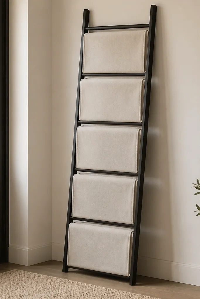 A slim leaning ladder rack with evenly spaced rungs. Each section has a fitted fabric cover in a neutral tone, and the covers hide the shoes when closed. The frame is dark and the fabric hangs cleanly.