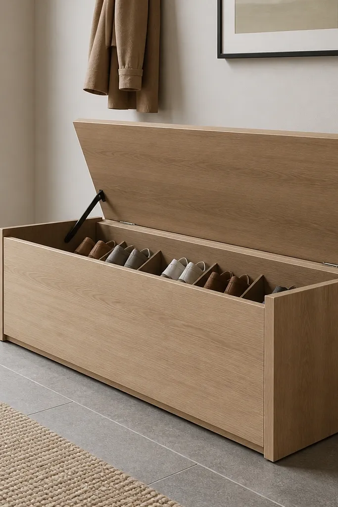 A bench with a hinged top panel. When opened, you see internal shoe storage with angled dividers. The exterior looks clean and minimal with no visible shoe clutter.