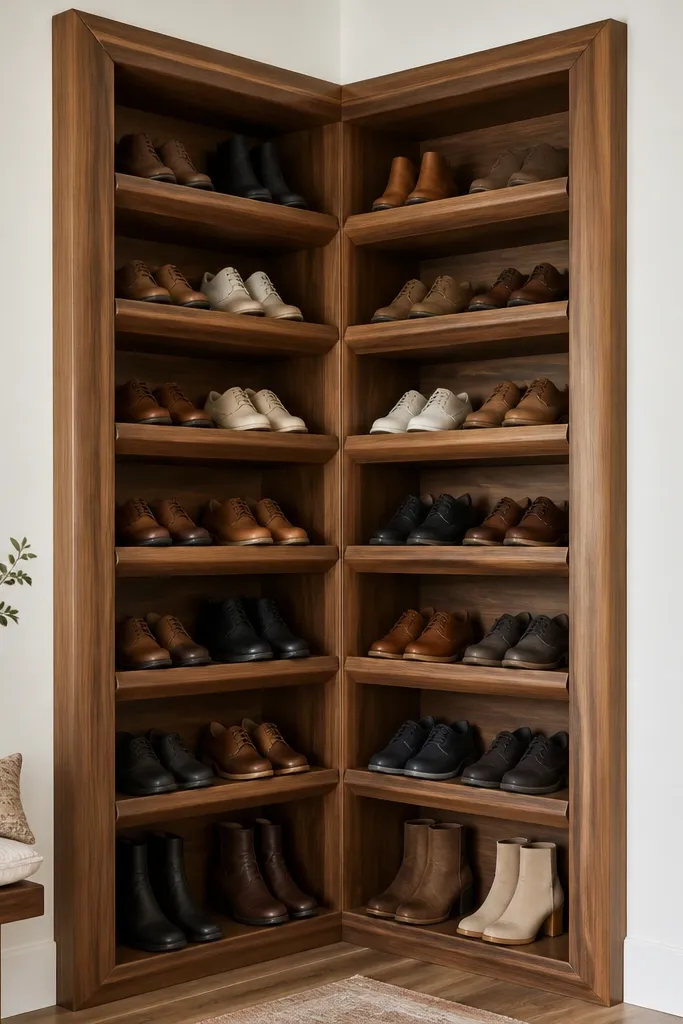 A shoe rack built into a corner with mitered edges. The compartments are angled so shoes sit neatly. The frame is finished in a warm wood tone and the lines wrap cleanly around the corner.