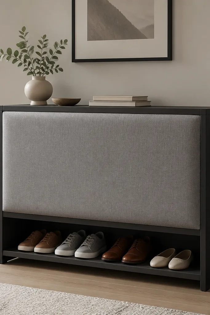 A dark shoe rack with a fabric upholstered panel on the front. The panel is smooth and tightly wrapped, and the storage behind has hidden dividers. The fabric looks like furniture upholstery, not a loose cover.