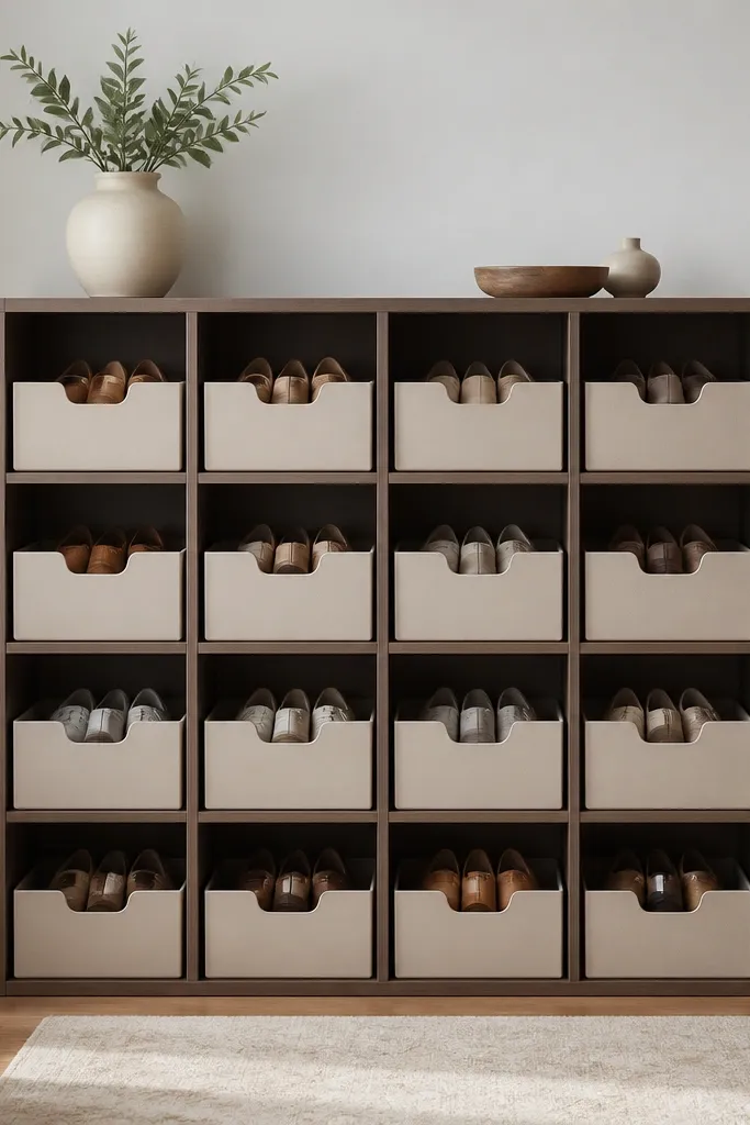 A cube shelving unit with uniform, matching fabric or plastic bins. No labels. The bins are the same color and the shoes inside are consistent, with dividers keeping pairs aligned.