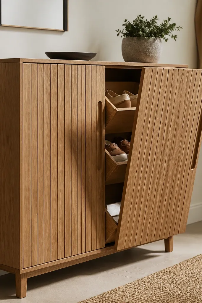A shoe rack with front doors made of veneered slats. The doors have recessed pulls, and the interior has angled compartments. The wood front looks like a cabinet door, not open shelving.