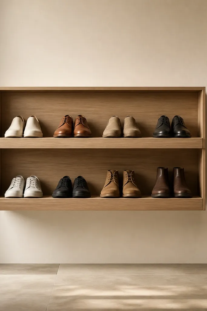 A floating rack with a solid back panel and two-tier shelves. The shoes sit on small shelves supported by hidden wire arms. The front looks clean and flat like a built-in display.