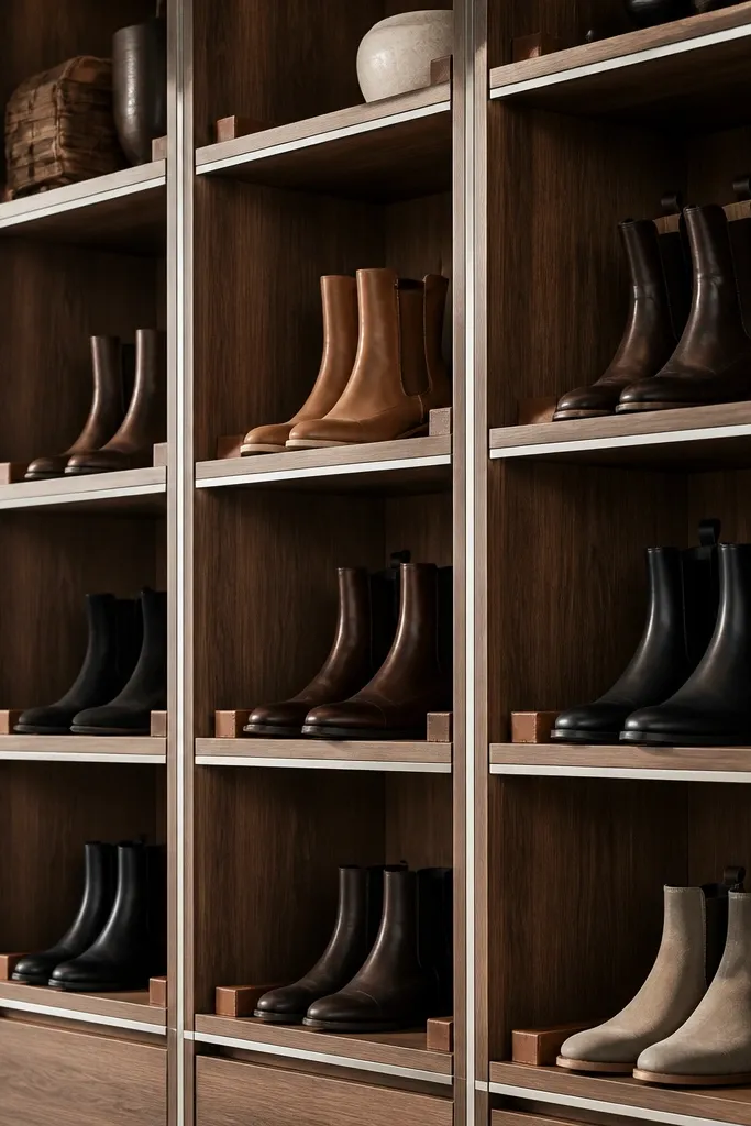 Walnut shelves with crisp steel edge trim. Each bay has small leather stops to hold boots upright. The unit looks like a modern display shelf with premium materials.