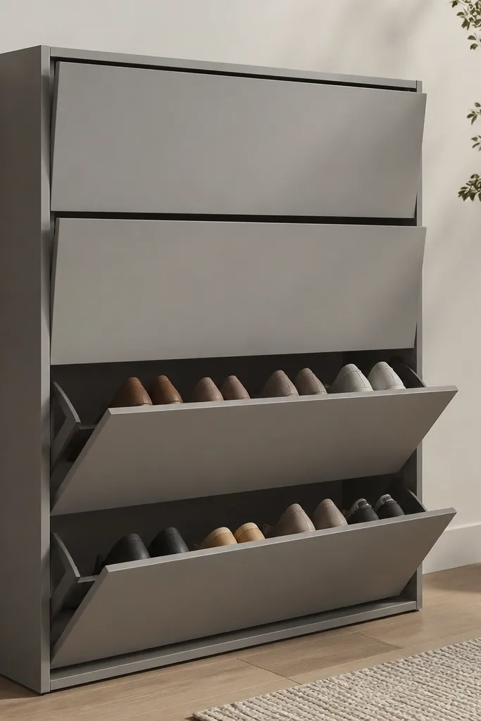 A grey shoe rack with multiple drawer-like compartments. The drawer fronts are slightly angled, and the interior shows angled shoe storage. Hardware is minimal and the whole piece looks like furniture.