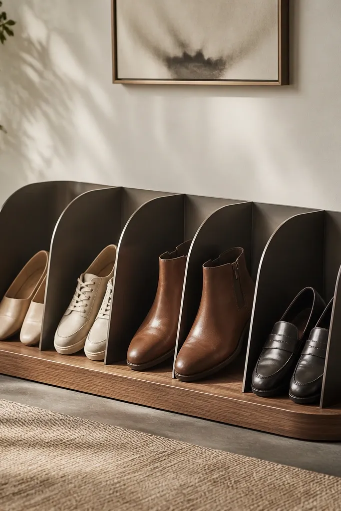 A modern shoe rack with rounded metal back supports and a wood base plinth. Shoes are stored in evenly spaced bays with dividers. The metal curves make the rack look sculptural.