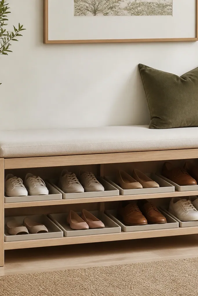A slim bench with slatted sides and a top surface. Inside, shoe storage uses removable tray dividers. Shoes are organized by type, and the bench looks like seating furniture.