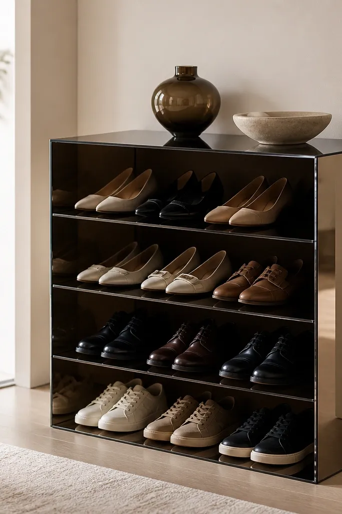 A compact shoe rack using smoked acrylic shelves with mirrored side panels. The interior looks dark and glossy, and shoes appear neatly aligned across the tiers.