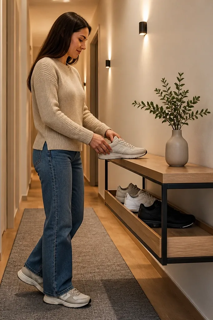 Floating shoe bench with matte black frame and light wood shelves