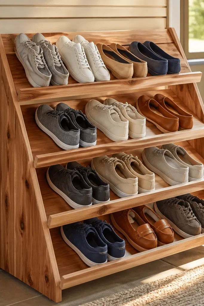 Cedar slanted shoe rack with shoes held by small hidden clips