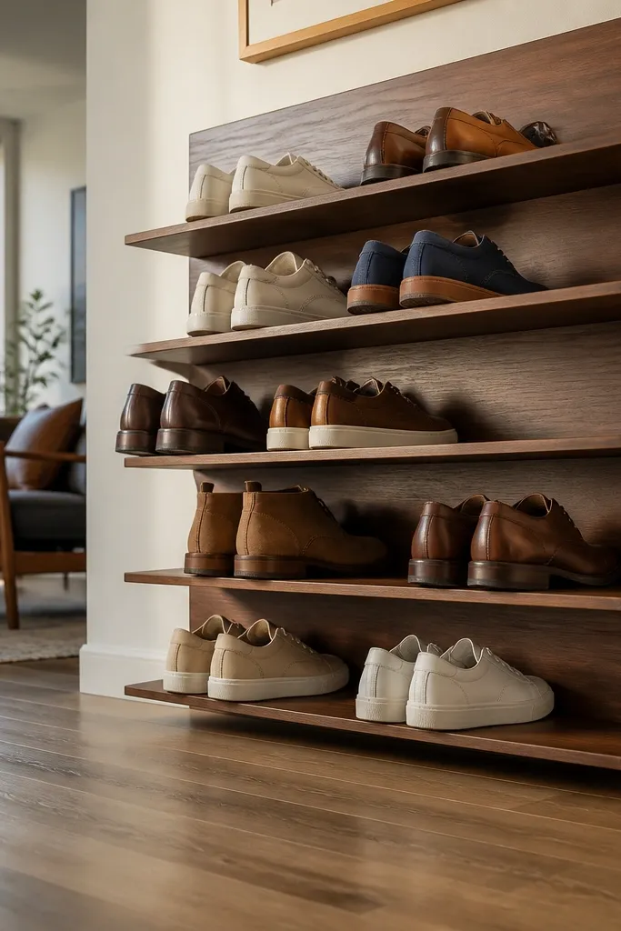 Walnut-toned stacked shoe rack with offset layers