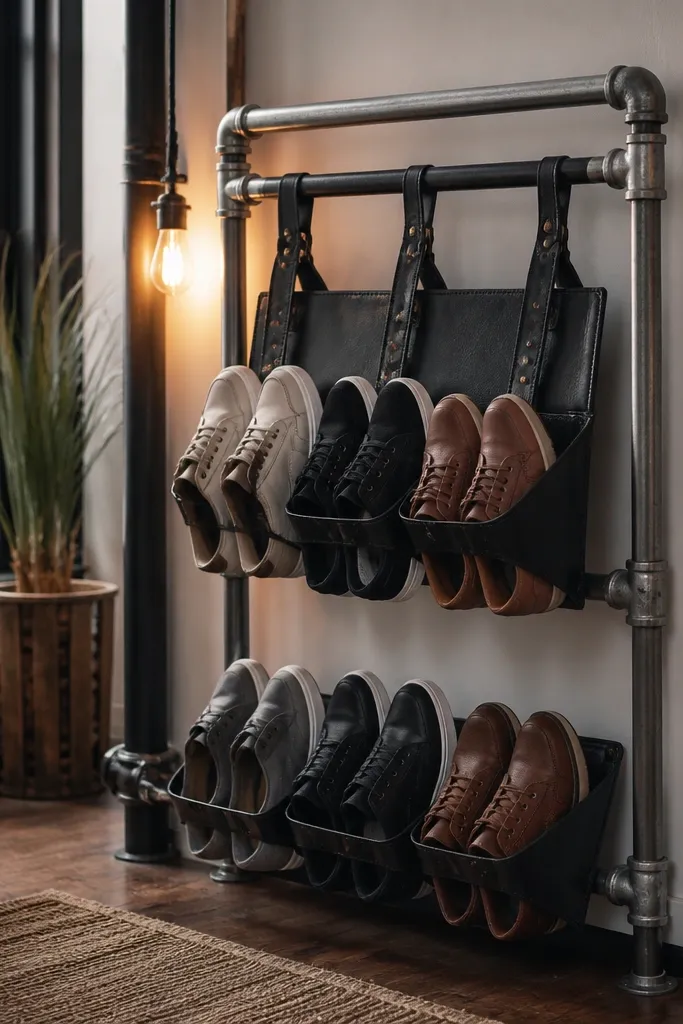 Industrial pipe shoe rack with leather straps holding shoes