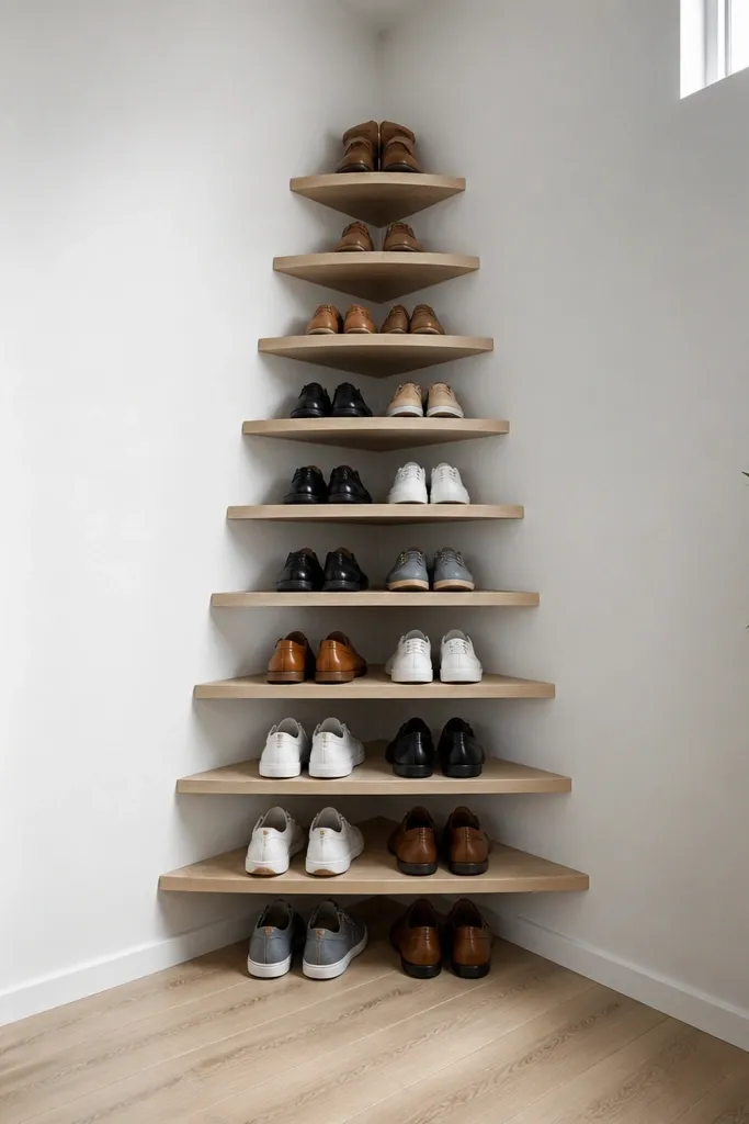 Triangle corner shoe rack with clean continuous shelf lines