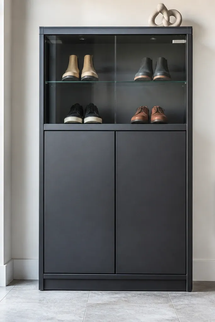 Slim shoe cabinet with glass upper section and closed lower storage