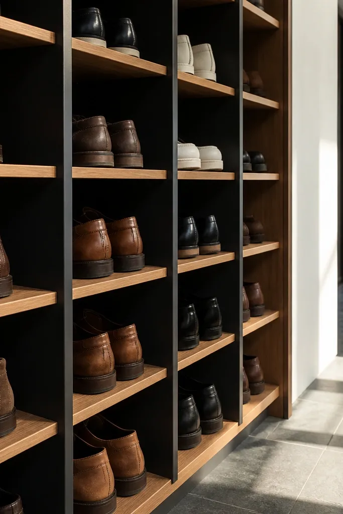 Two-tone shoe rack with vertical divider panels separating shoes