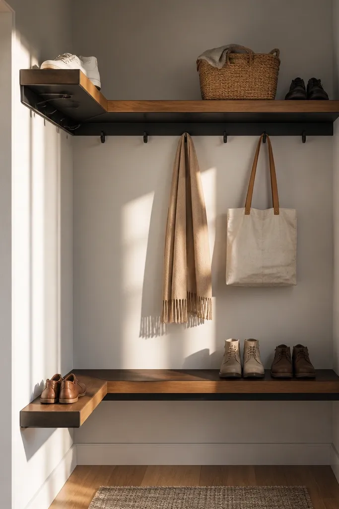 L-shaped entry shelf shoe rack with hooks underneath for quick organization