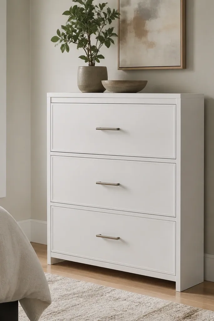 Shoe rack with drawer fronts and pull handles for hidden storage