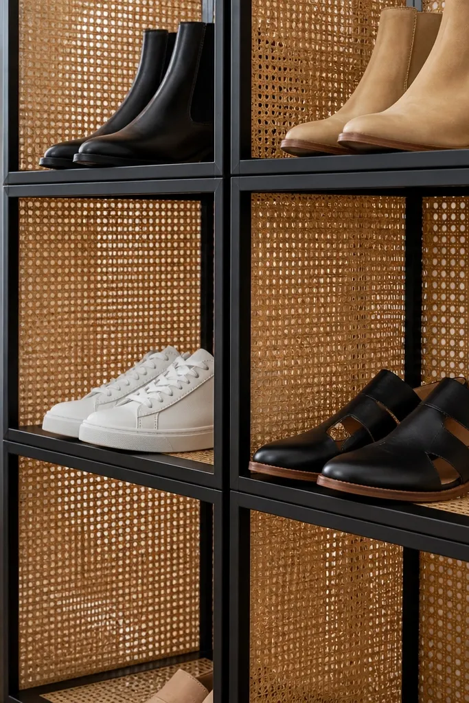 Black frame shoe rack with rattan panels for airy modern look